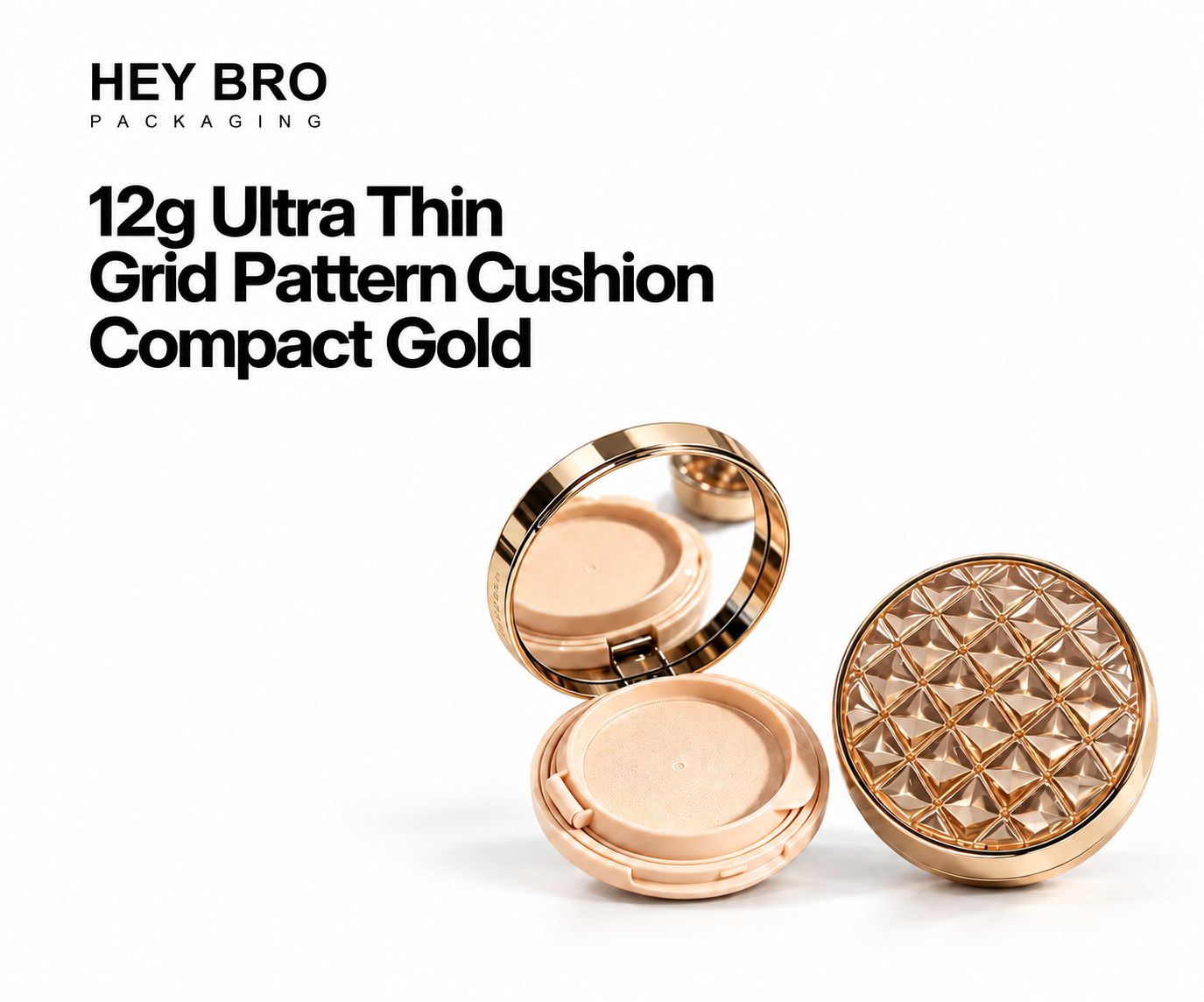 12g Ultra Thin Grid Pattern Cushion Compact Gold cosmetic packaging on white background