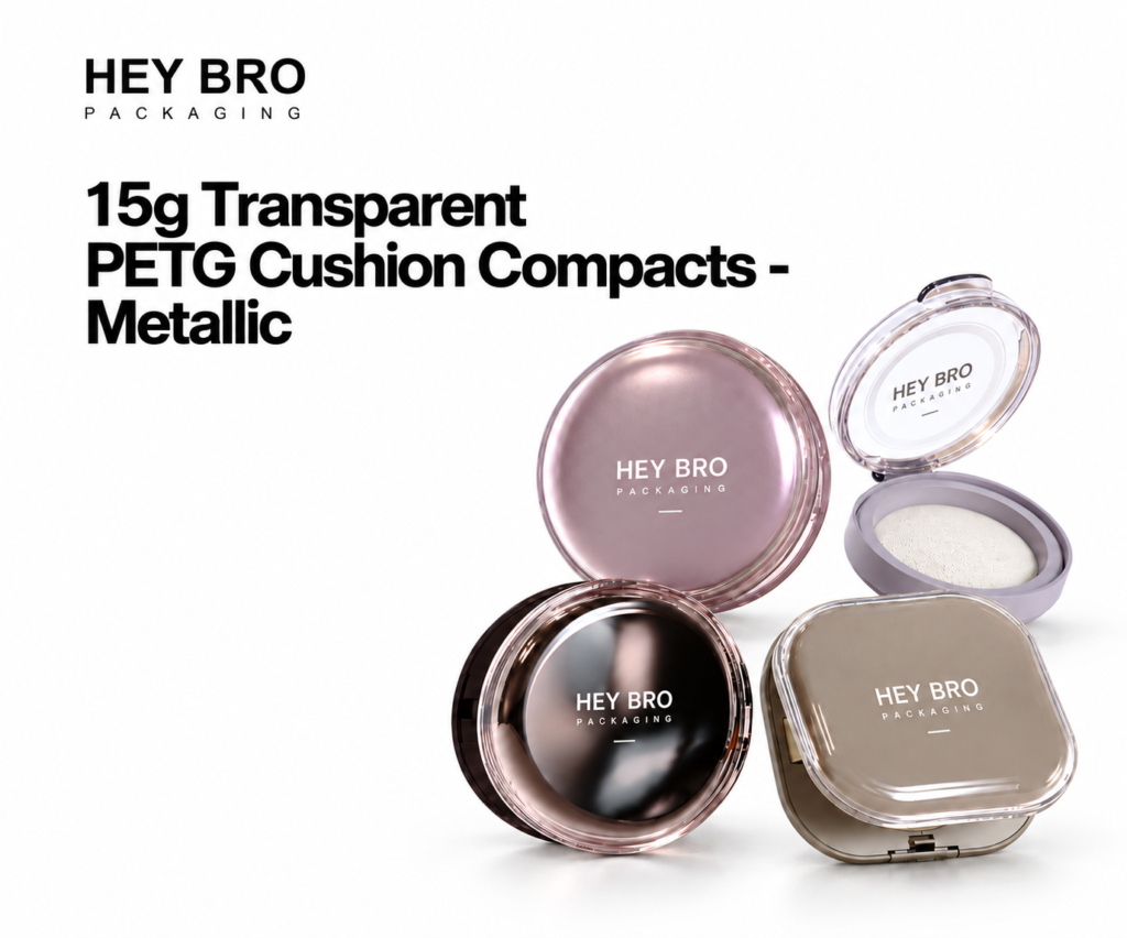 15g Transparent PETG Cushion Compacts Metallic cosmetic packaging on white background