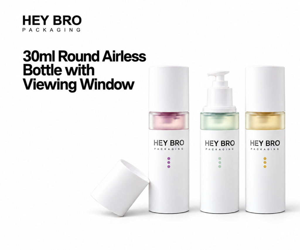 30ml Round Airless Bottle with Viewing Window cosmetic packaging on white background