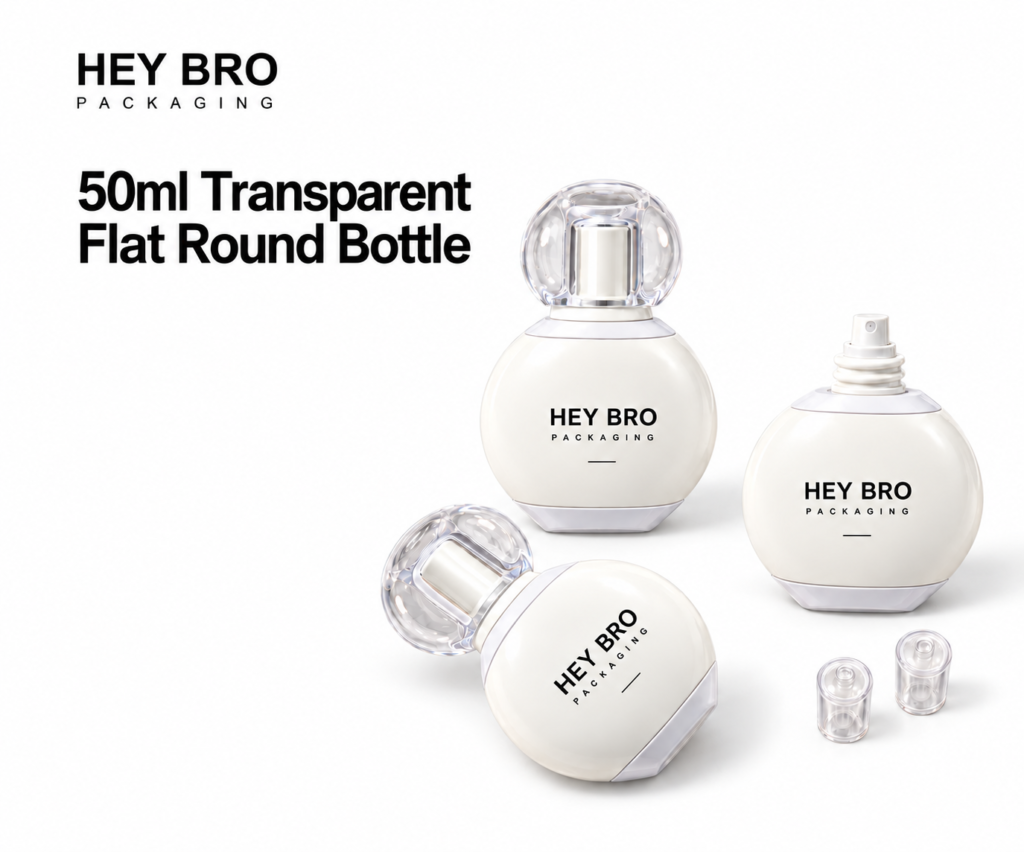 50ml Transparent Flat Round Bottle cosmetic packaging on white background