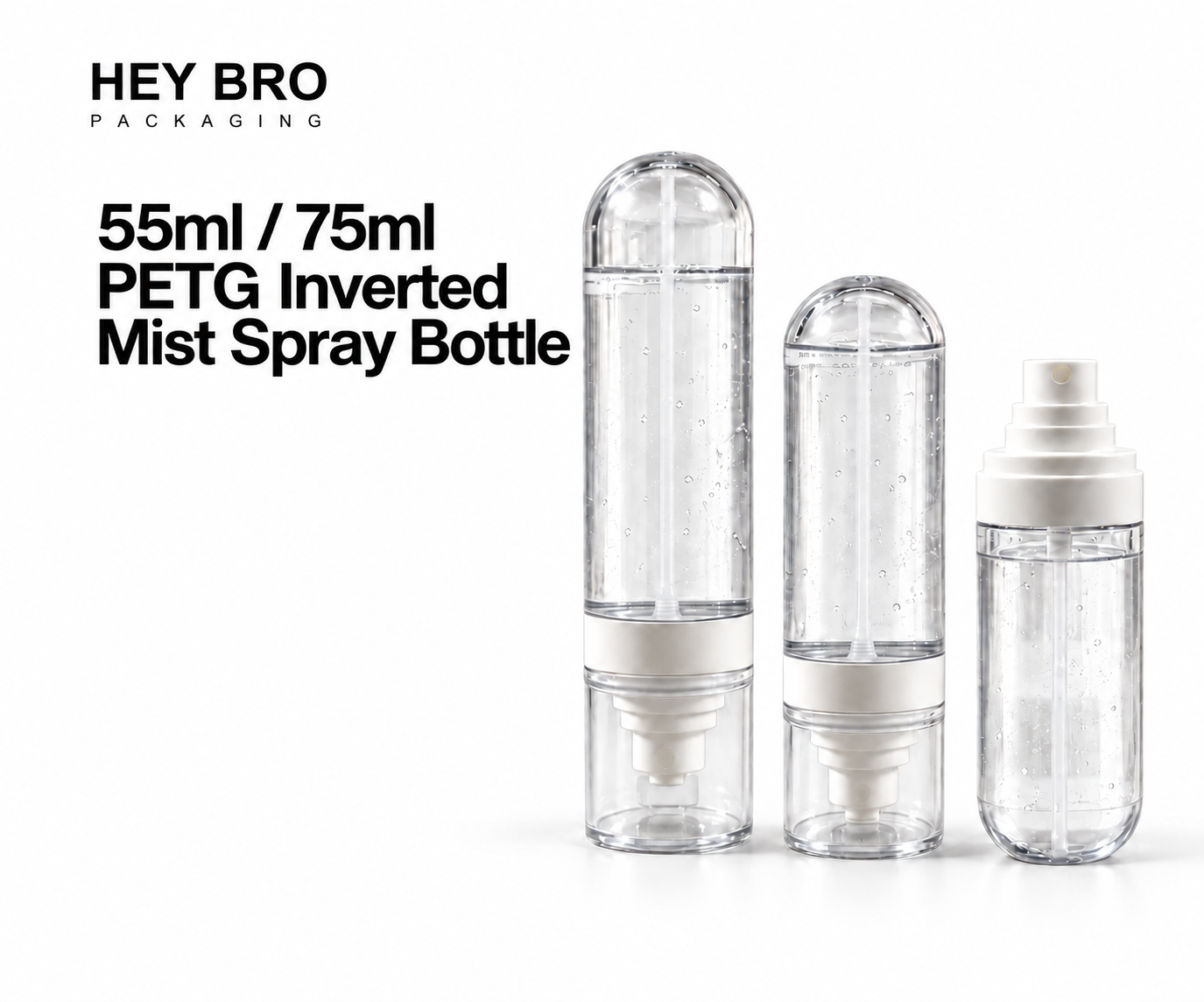 55ml / 75ml PETG Inverted Mist Spray Bottle cosmetic packaging on white background