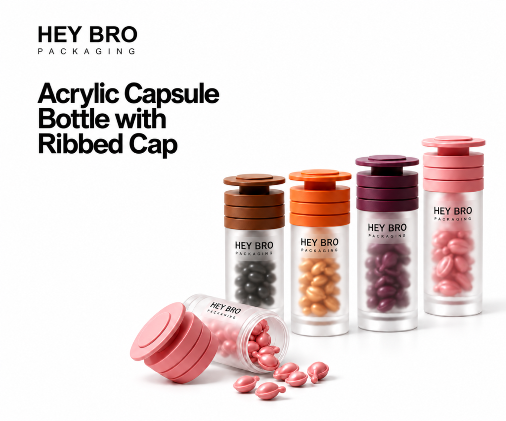 Acrylic Capsule Bottle with Ribbed Cap cosmetic packaging on white background