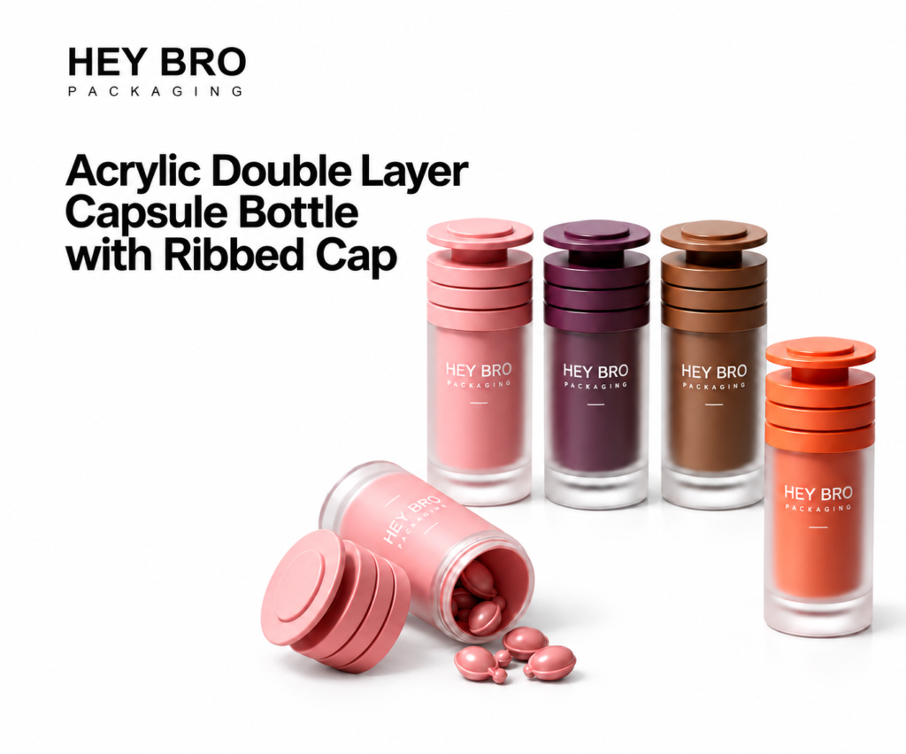 Acrylic Double-Layer Capsule Bottle with Ribbed Cap cosmetic packaging on white background