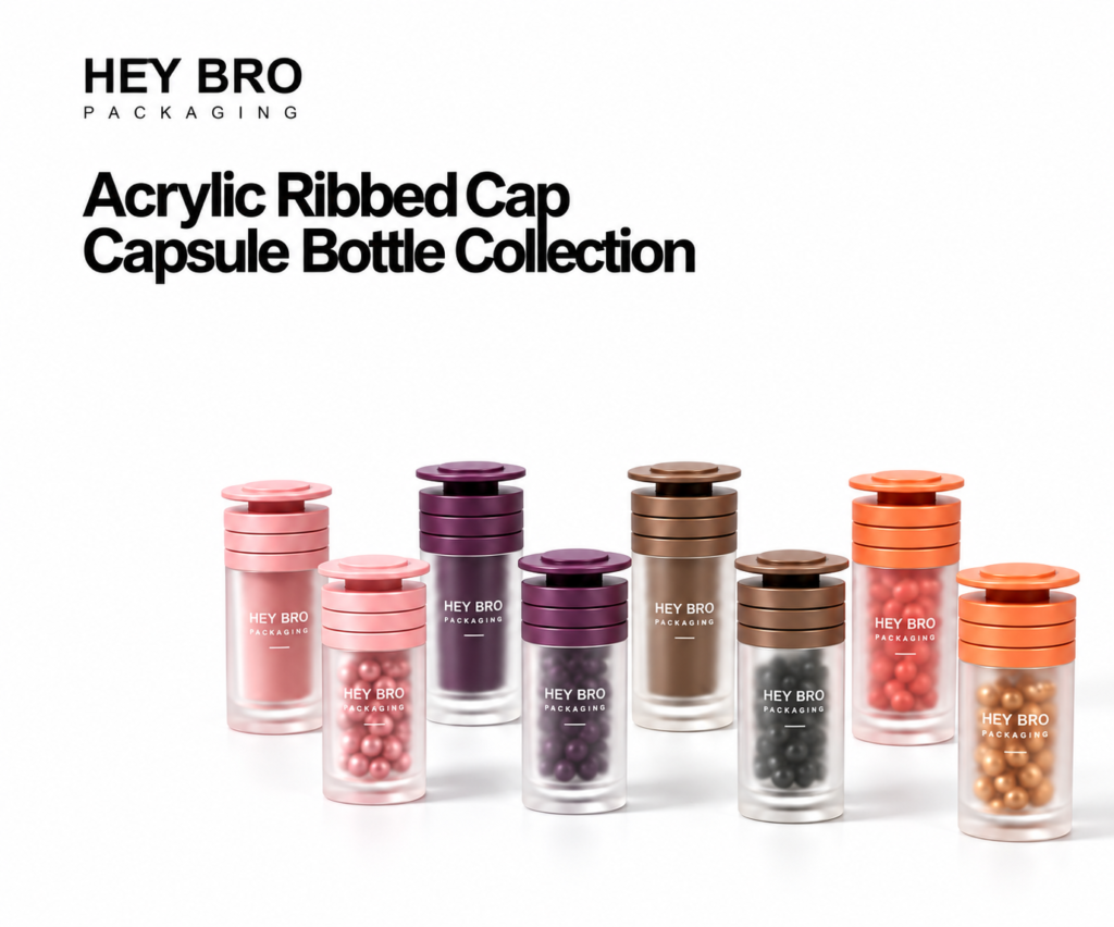 Acrylic Ribbed Cap Capsule Bottle Collection cosmetic packaging on white background