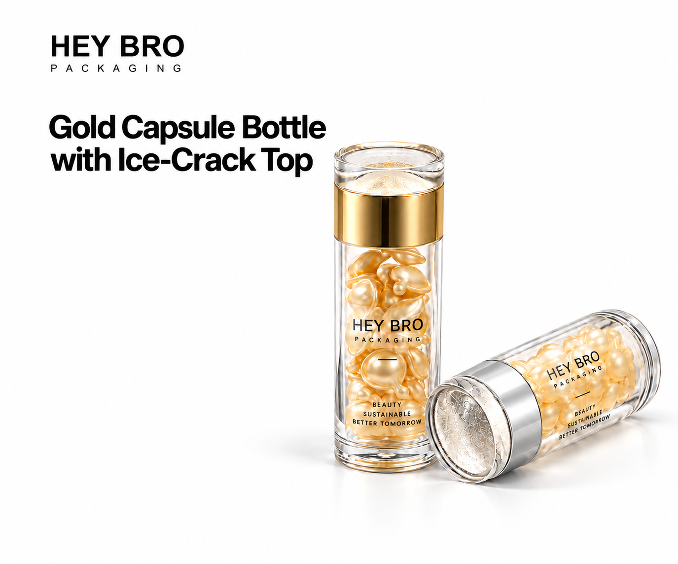 Gold Capsule Bottle with Ice-Crack Top cosmetic packaging on white background