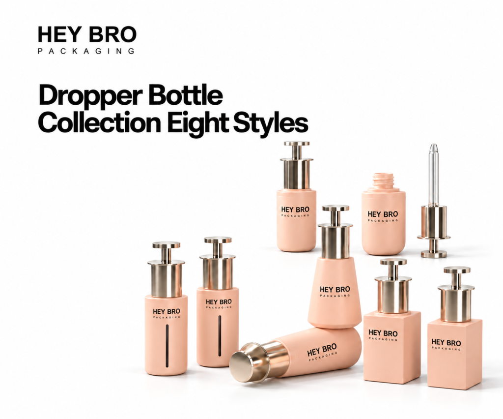 Dropper Bottle Collection Eight Styles cosmetic packaging on white background