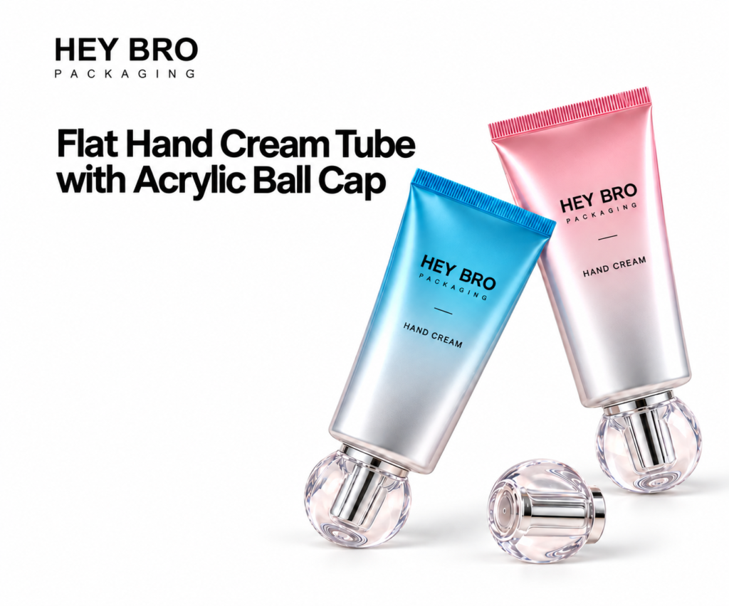 Flat Hand Cream Tube with Acrylic Ball Cap cosmetic packaging on white background