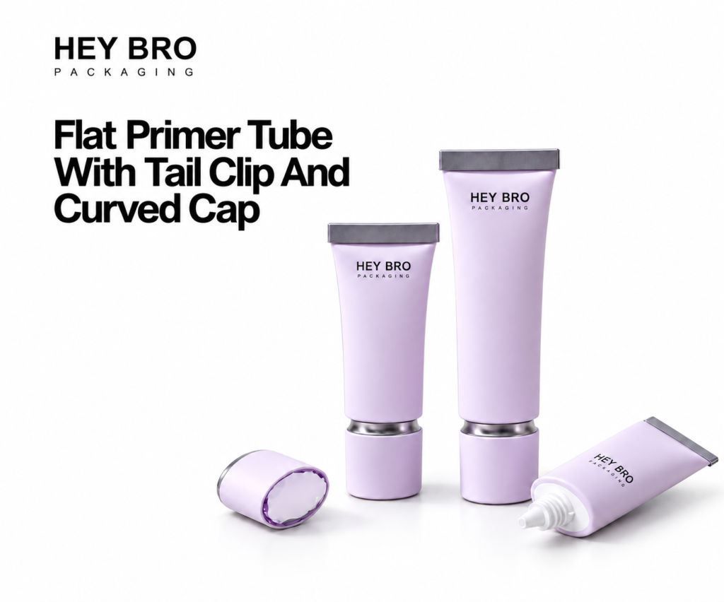 Flat Primer Tube with Tail Clip and Curved Cap cosmetic packaging on white background