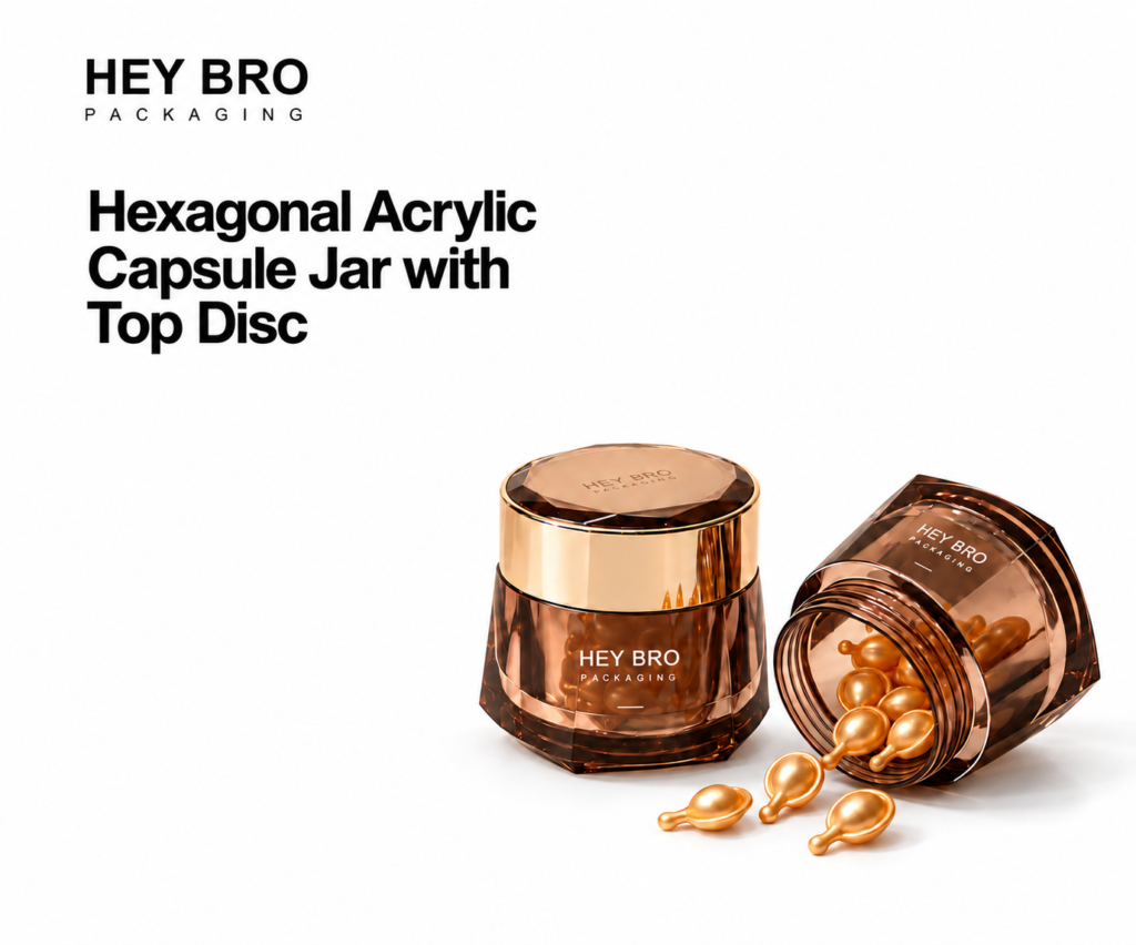 Hexagonal Acrylic Capsule Jar with Top Disc cosmetic packaging on white background