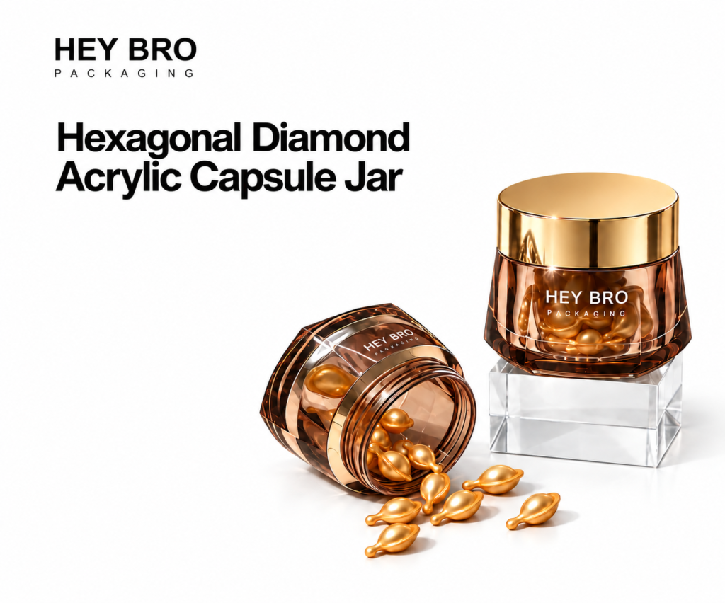 Hexagonal Diamond Acrylic Capsule Jar cosmetic packaging on white background