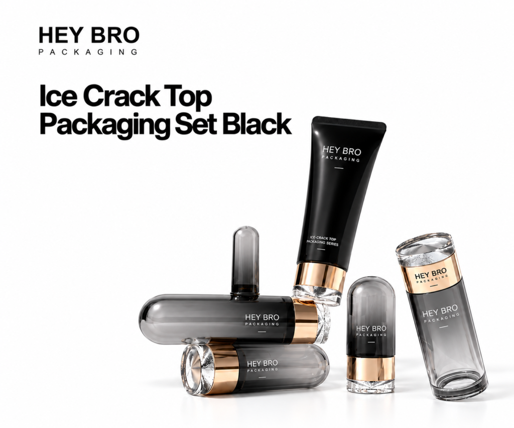 Ice Crack Top Packaging Set Black cosmetic packaging on white background
