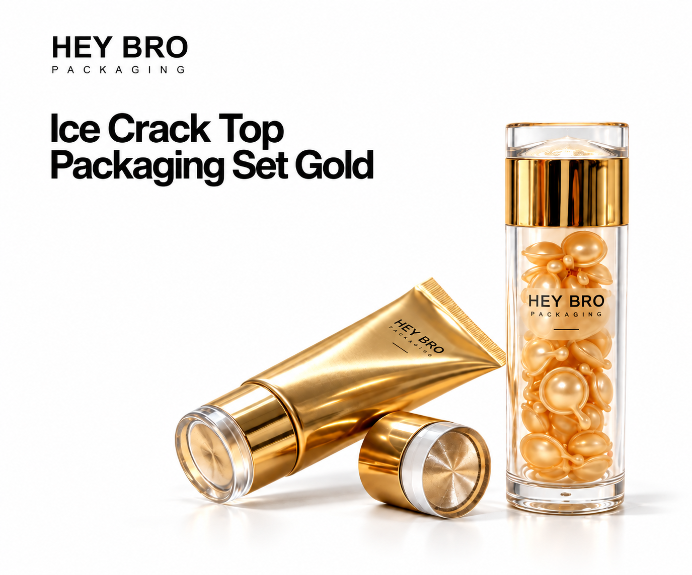 Ice Crack Top Packaging Set Gold cosmetic packaging on white background