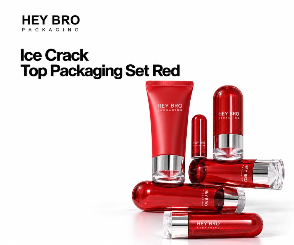 Ice Crack Top Packaging Set Red cosmetic packaging on white background