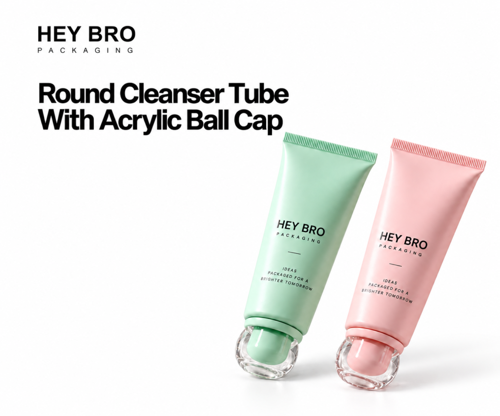 Round Cleanser Tube with Acrylic Ball Cap cosmetic packaging on white background