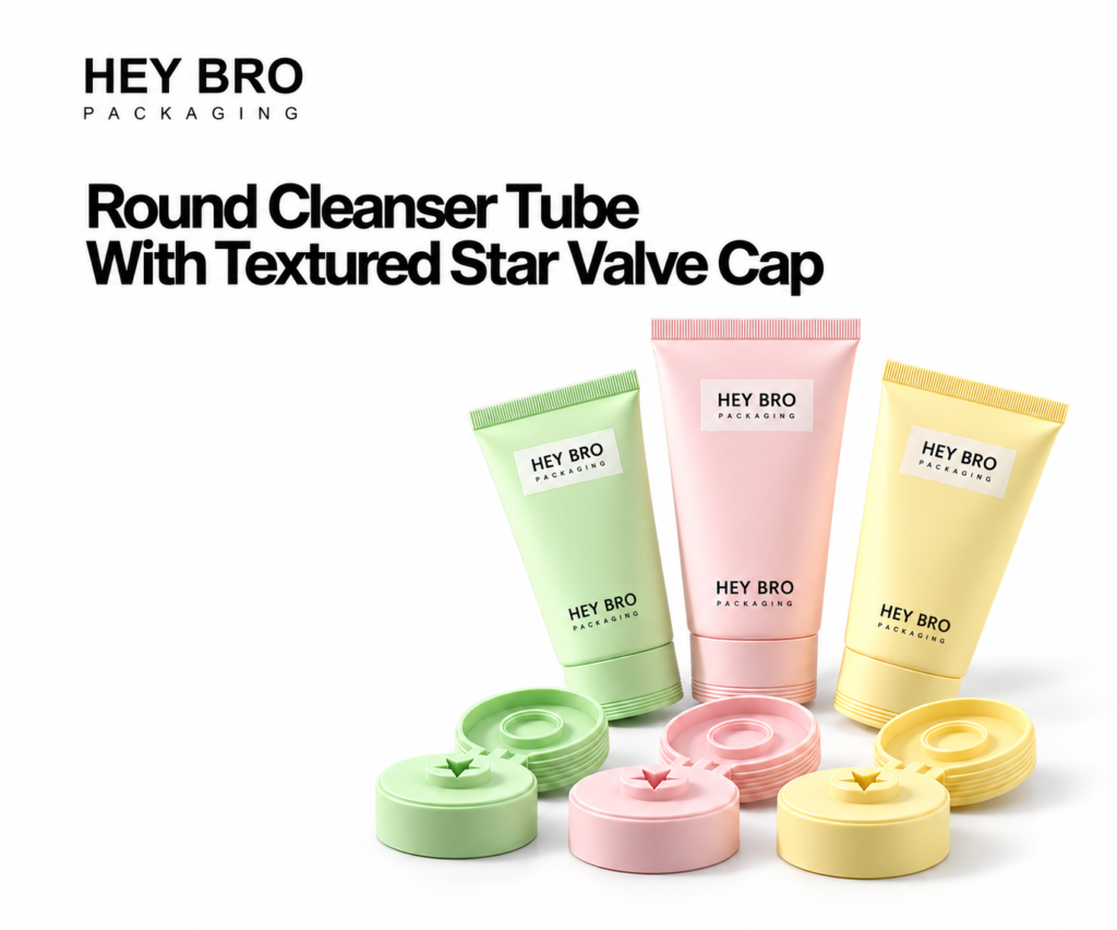 Round Cleanser Tube with Textured Star Valve Cap cosmetic packaging on white background