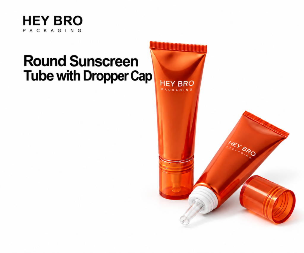 Round Sunscreen Tube with Dropper Cap cosmetic packaging on white background