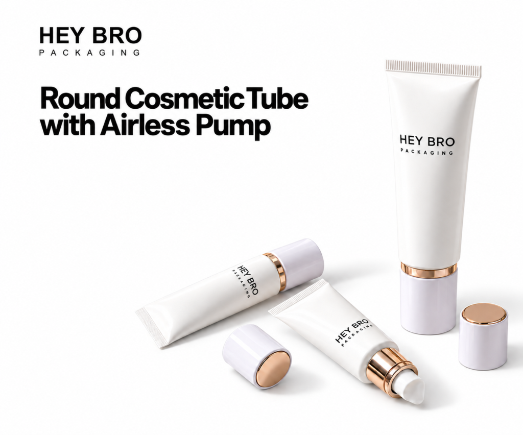 Round Cosmetic Tube with Airless Pump cosmetic packaging on white background
