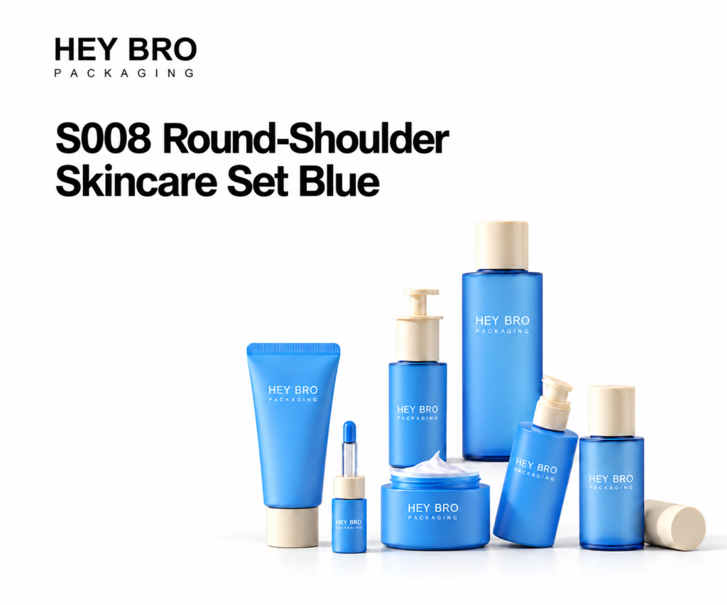 S008 Round Shoulder Skincare Set Blue cosmetic packaging on white background