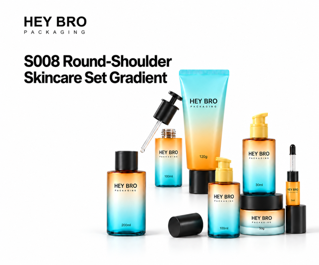 S008 Round Shoulder Skincare Set Gradient cosmetic packaging on white background
