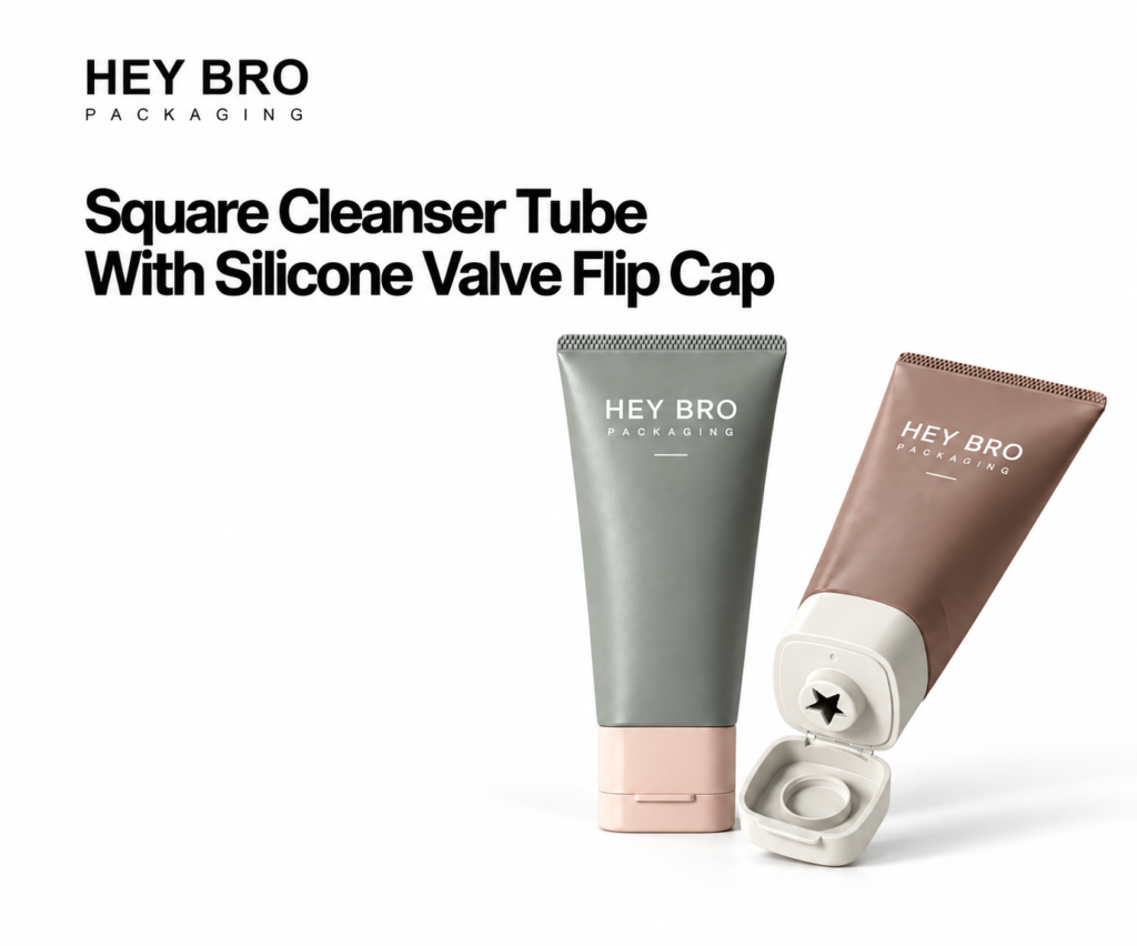 Square Cleanser Tube with Silicone Valve Flip Cap cosmetic packaging on white background