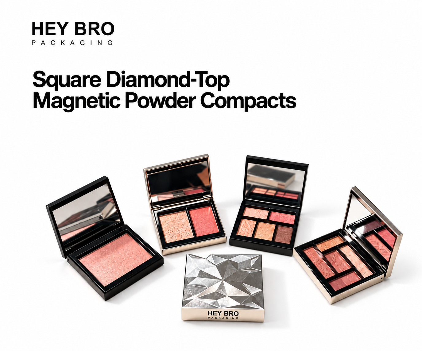Square Diamond-Top Magnetic Powder Compacts cosmetic packaging on white background