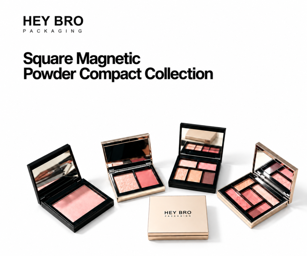 Square Magnetic Powder Compact Collection cosmetic packaging on white background