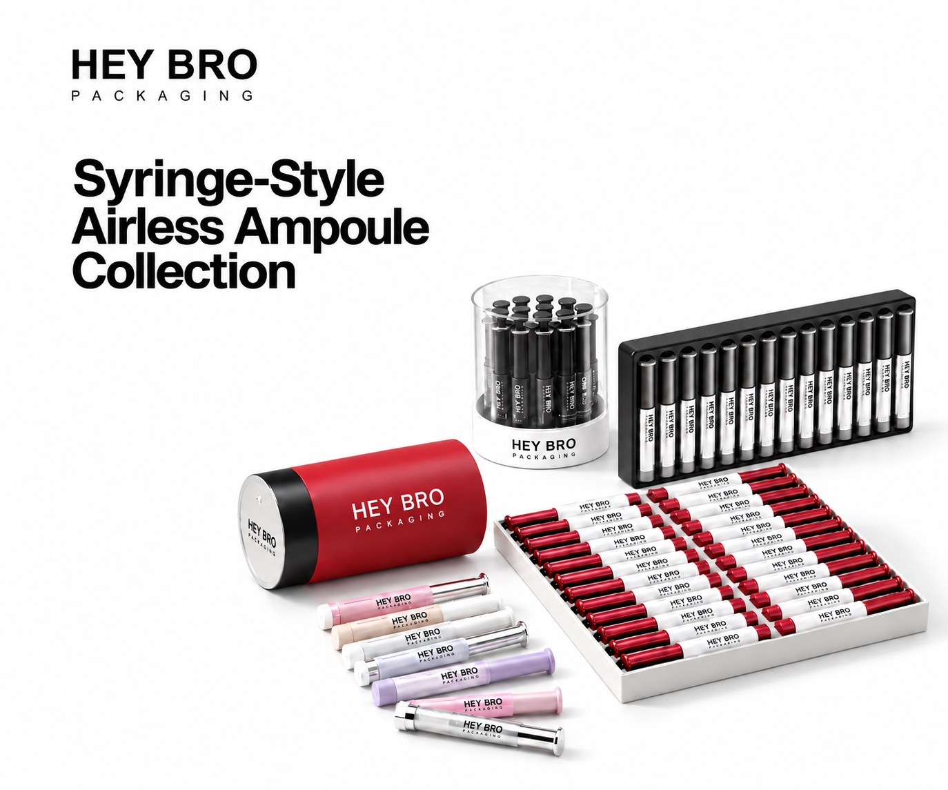 Syringe Style Airless Ampoule Collection cosmetic packaging on white background