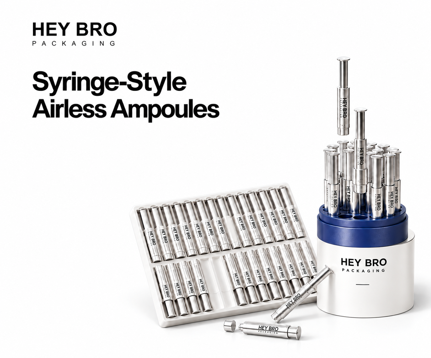 Syringe Style Airless Ampoules cosmetic packaging on white background